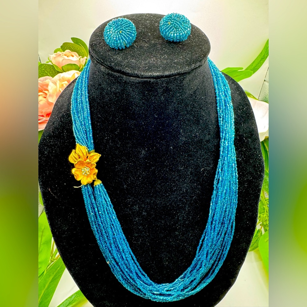 Vintage 1960’s Blue Beaded Torsade Necklace and Earring Set